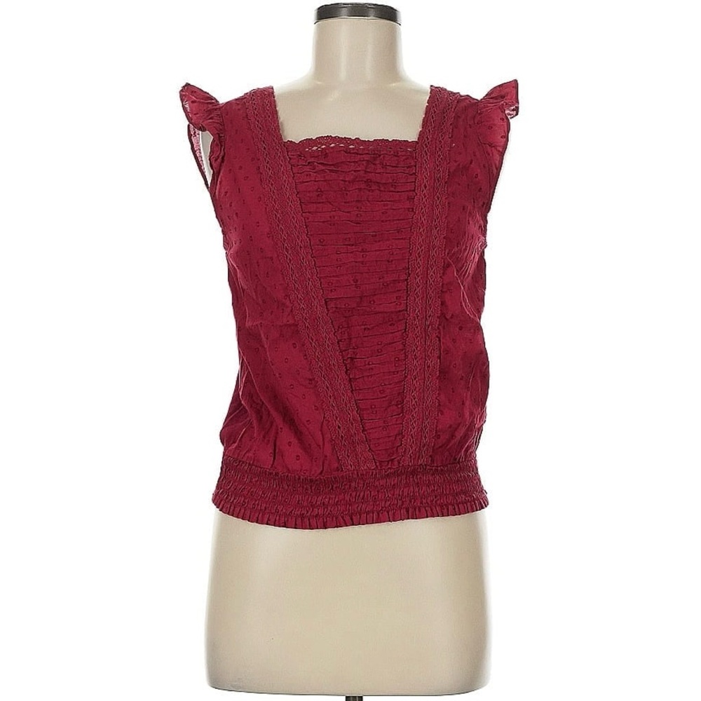 Lucky Brand Square Neck Mixed Media Ruffle Smocked Embroidered Blouse Top Red
